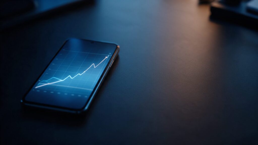Smartphone auf einem dunklen Schreibtisch zeigt eine steigende Kurslinie
