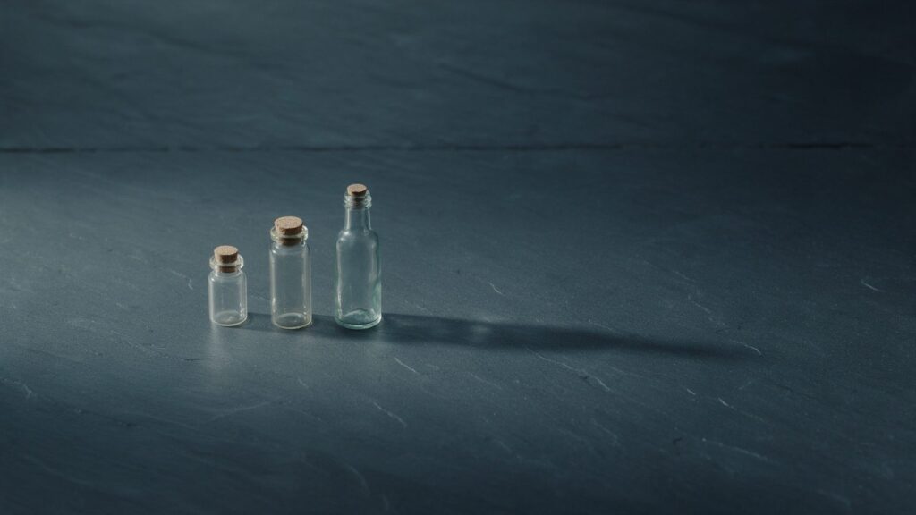 Drei unterschiedlich gro&szlig;e Glasflaschen auf dunkler Schieferfl&auml;che als Sinnbild f&uuml;r die drei Varianten der DEVK-DepotRente